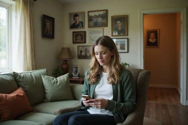 Adult daughter on a video call walking through her late father's living room