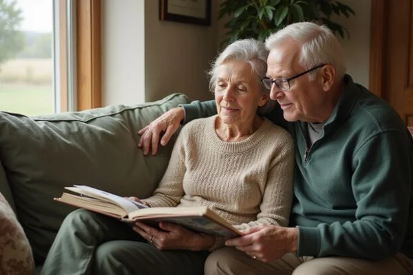 Adult son and elderly mother looking through a photo album before her move to assisted living