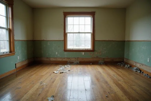 Buckled hardwood floor and stained drywall after a pipe burst