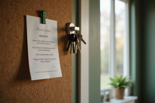 City inspection notice pinned to a corkboard beside keys
