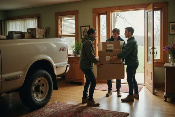 Cleanout crew carrying labeled donation boxes out of an older Minnesota home