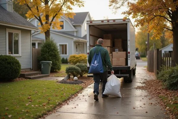 Cleanout crew carrying items down a driveway to a truck
