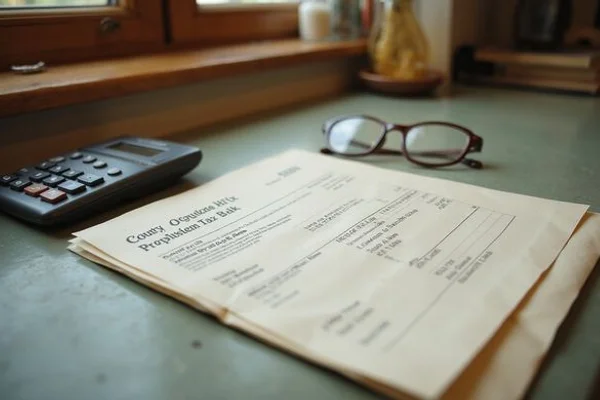Property tax statement and calculator on a kitchen counter