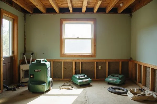 Drying equipment in a basement with lower drywall removed