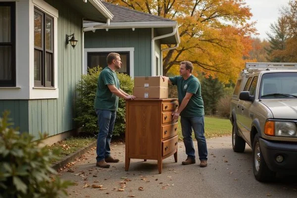 Donation crew loading furniture into a truck outside a rambler