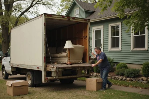 Donation truck being loaded with furniture outside an older home