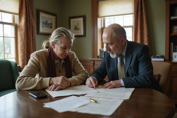 Estate attorney and heir reviewing probate documents together