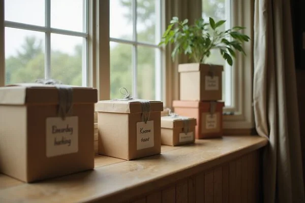 Hand-labeled boxes of keepsakes lined up by a window