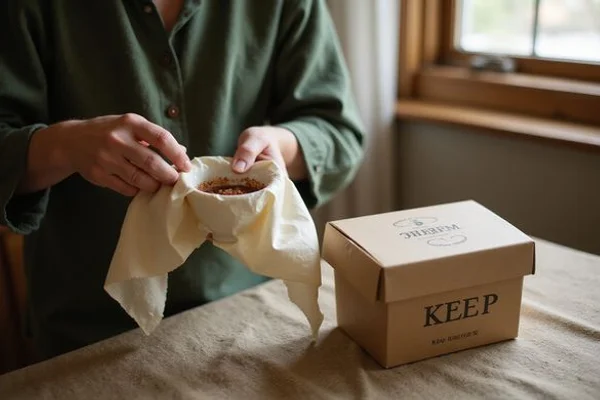 Hands wrapping an heirloom teacup beside a box labeled keep
