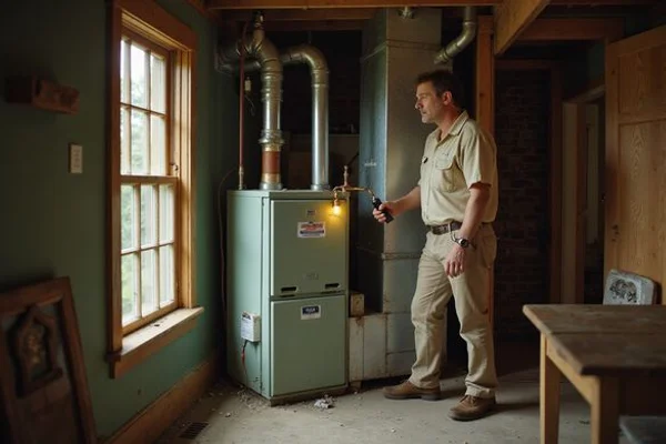 Evaluator checking an old basement furnace in a 1920s home