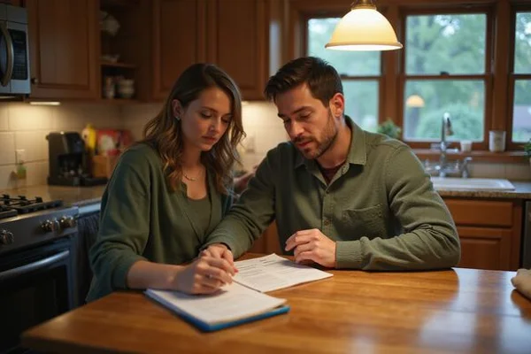 Homeowner couple comparing options at a kitchen table in the evening