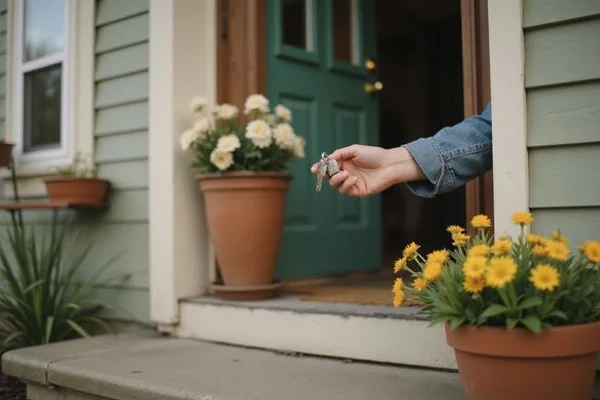 House keys handed over on a townhome front step in spring