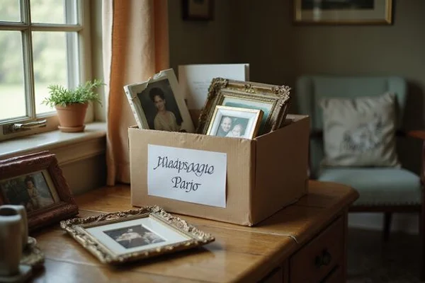 Family keepsakes packed into a labeled box by a window