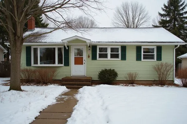 Modest split-level home exterior in late winter