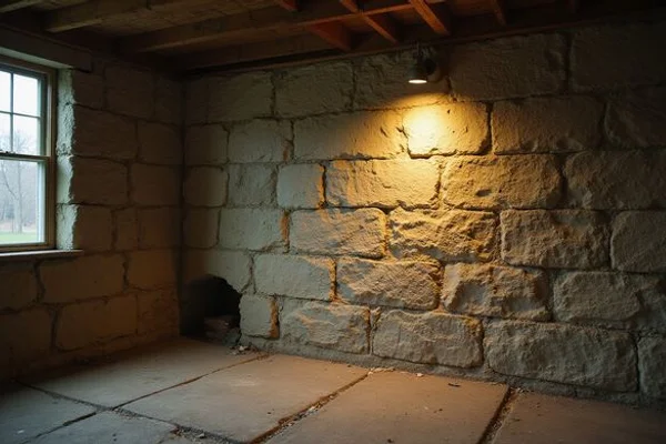 Old fieldstone basement wall with crumbling mortar joints