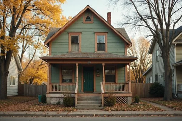 Older rental house with a peeling porch in early autumn
