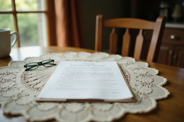Power of attorney document and reading glasses on a lace tablecloth