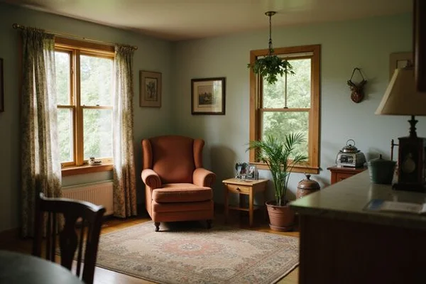 Quiet rambler living room with an armchair and reading lamp