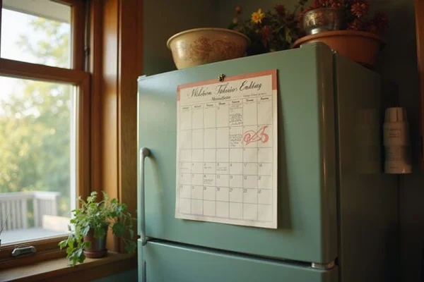 Calendar on a fridge with weeks crossed off and a date circled