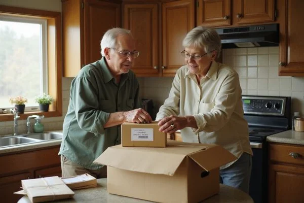 Senior couple packing keepsakes into labeled boxes in their kitchen