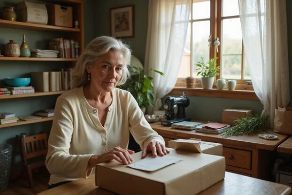 Senior woman labeling moving boxes in a sunny room