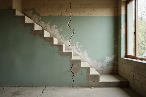 Stair-step crack through a concrete block wall with efflorescence