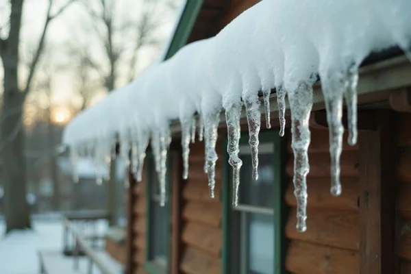 Thick ridge of ice and icicles along a roof edge