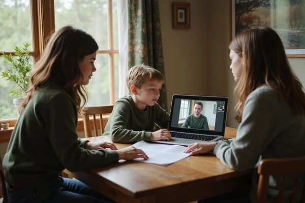 Three siblings on a video call reviewing a document