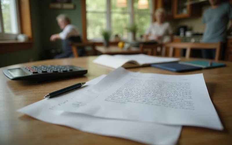 Calculator, notepad, and closing statement on a kitchen table