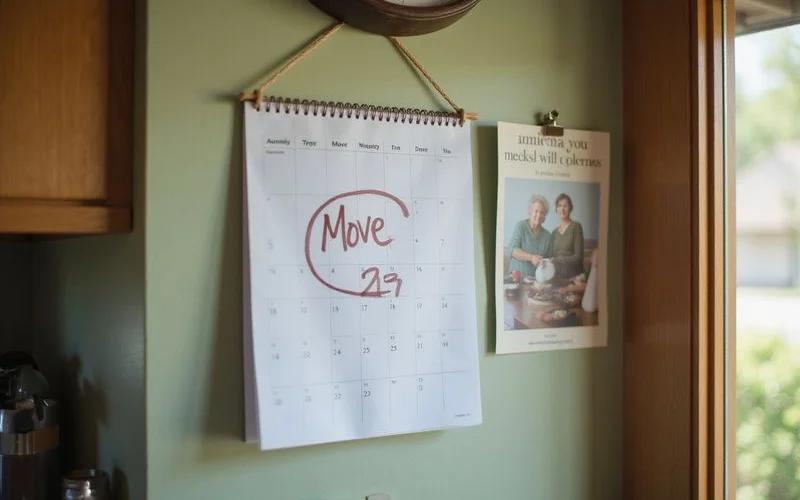 Calendar on a kitchen wall with a move date circled