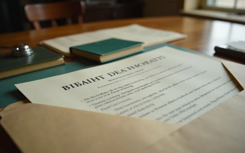 Certified death certificate and affidavit in a folder, soft light