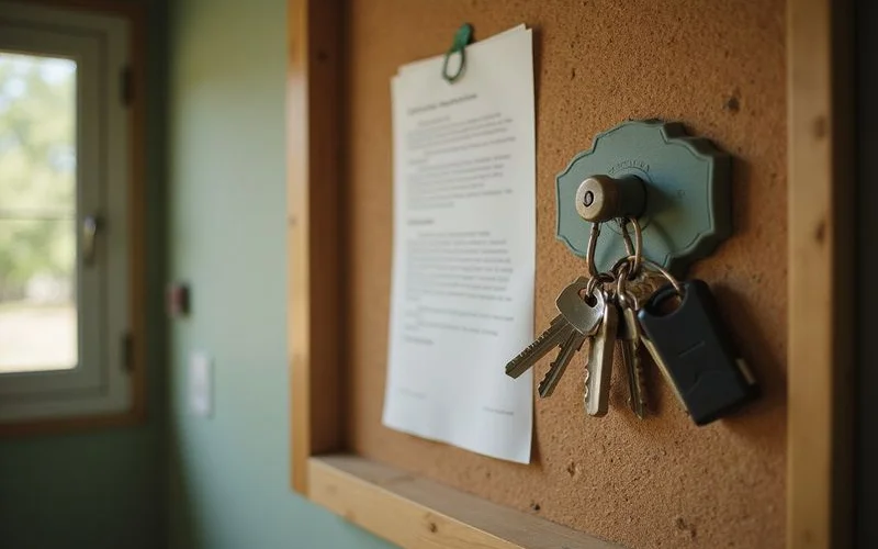 City inspection notice pinned to a corkboard beside keys