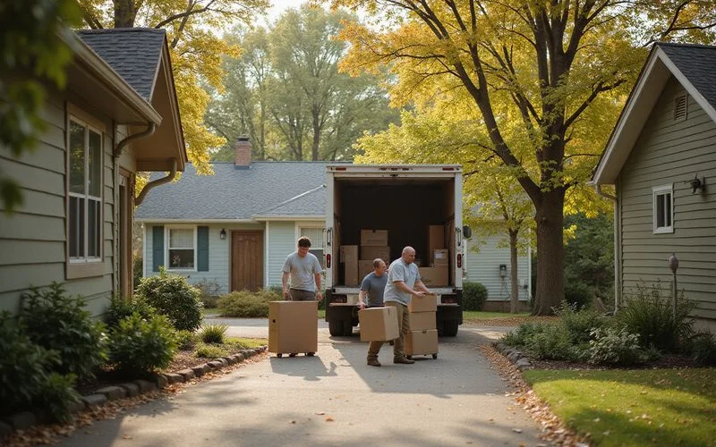 Cleanout crew carrying boxes to a truck in a Minnesota driveway