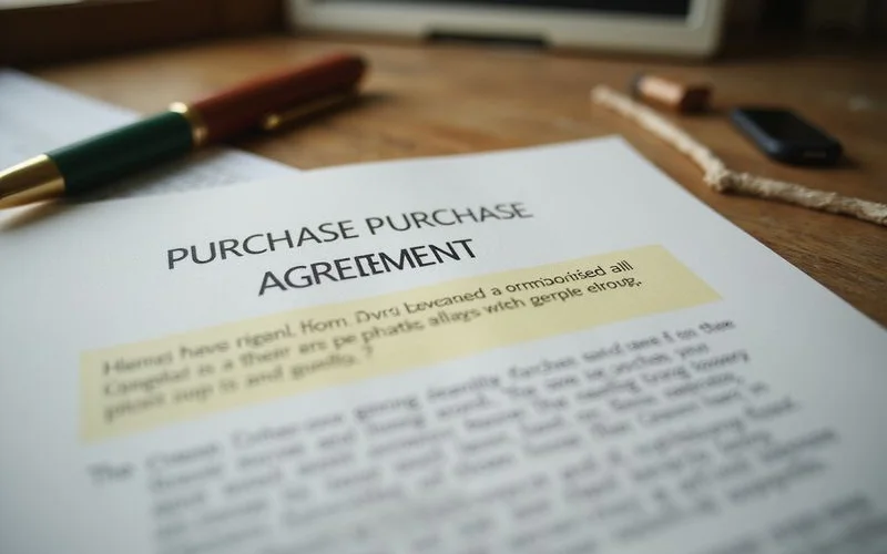Close-up of a highlighted clause on a printed contract with a pen