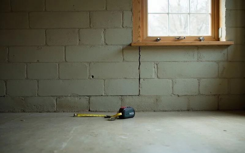 Concrete block basement wall with a horizontal crack and slight bow
