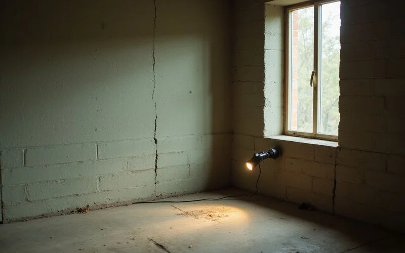 Concrete block basement wall with a horizontal crack and slight bow