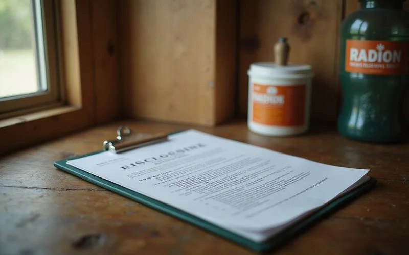 Disclosure forms on a clipboard next to a radon test kit