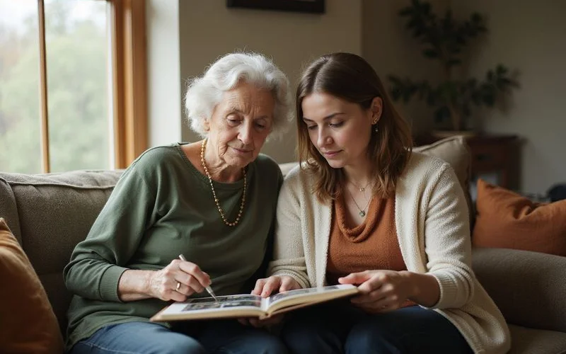 Elderly mother and adult daughter looking through a photo album on the sofa