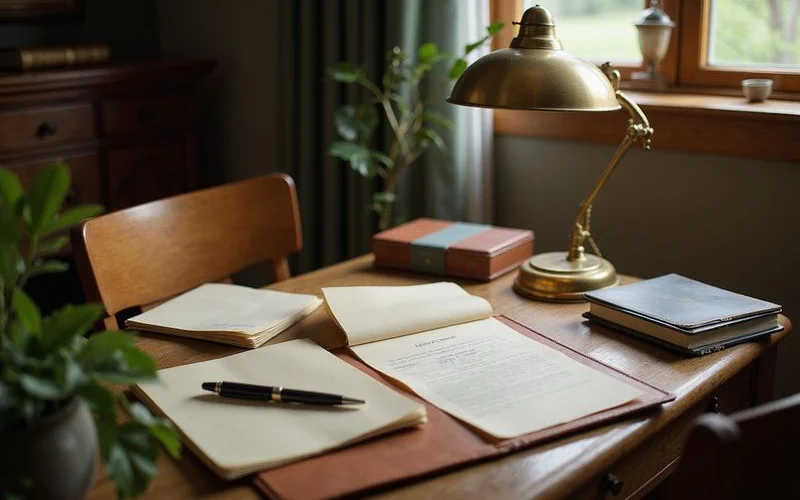 Estate attorney's desk with file folders and a legal pad, warm light