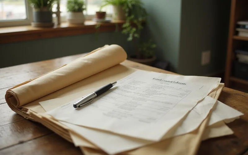 Estate paperwork organized in labeled folders on an oak table
