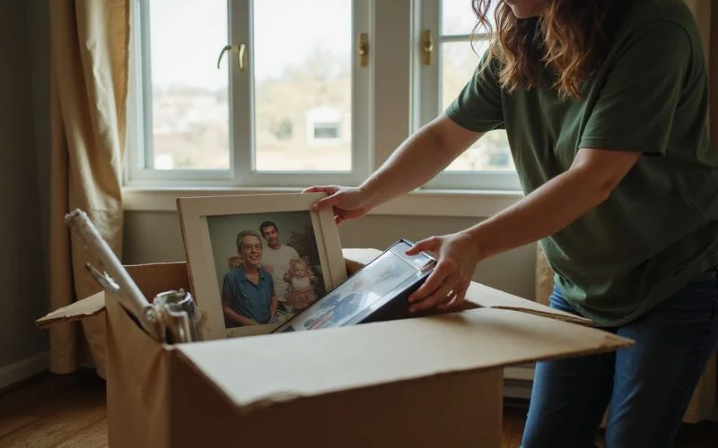Family photos being packed into a box by a window in an emptying home