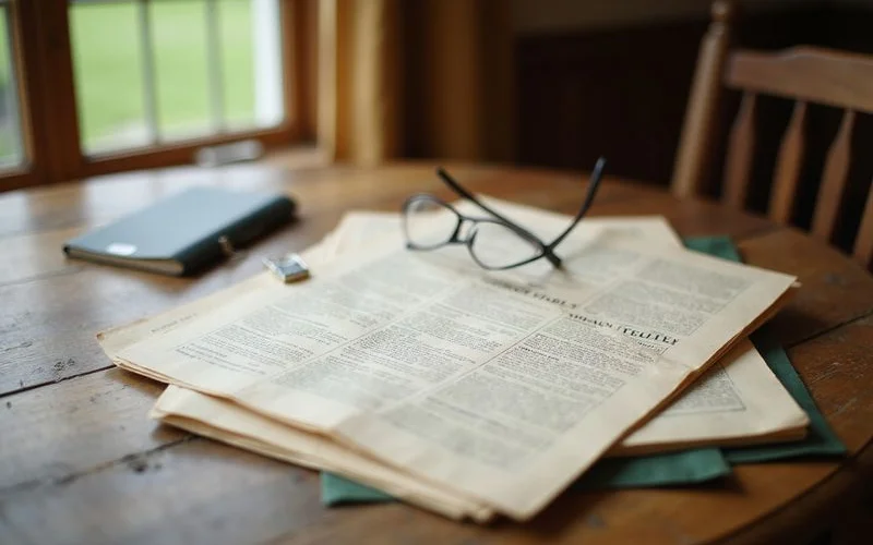 Folder of deed papers and an old abstract on a dining table