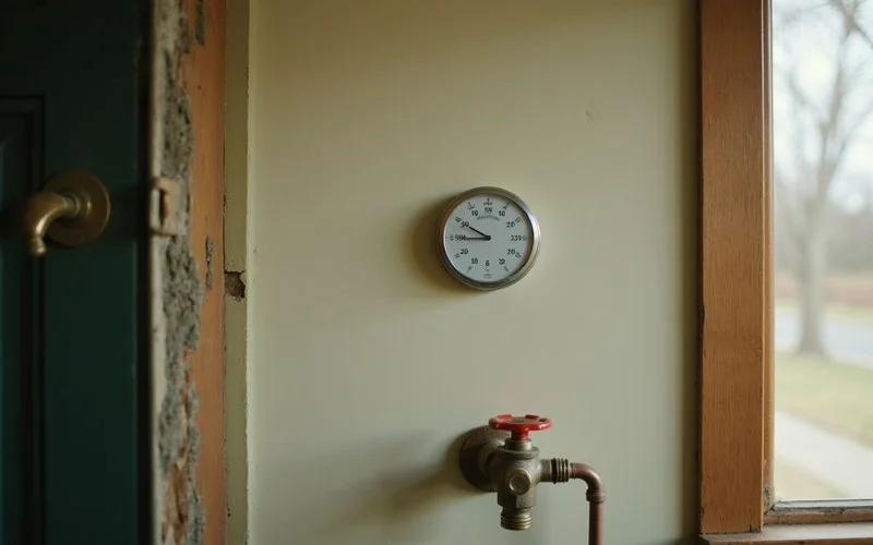 Hallway thermostat and a basement main water shutoff valve in an older home