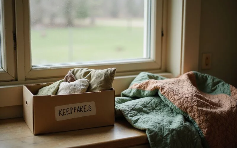 Hand-labeled box of keepsakes by a window, sage and cream tones