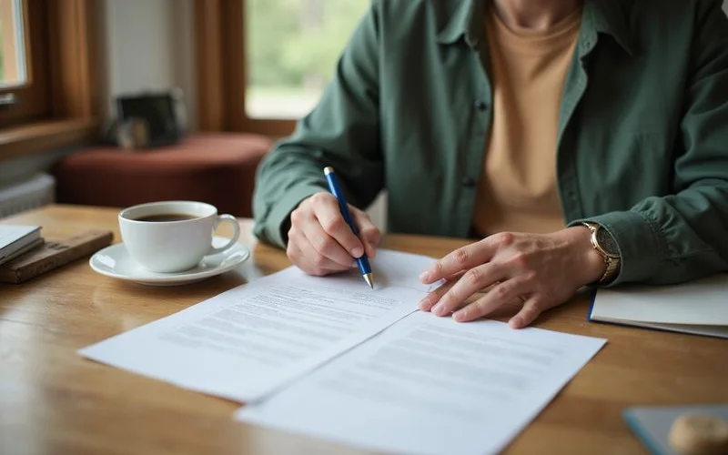 Hands signing closing papers at a title office table, oak desk, soft window light