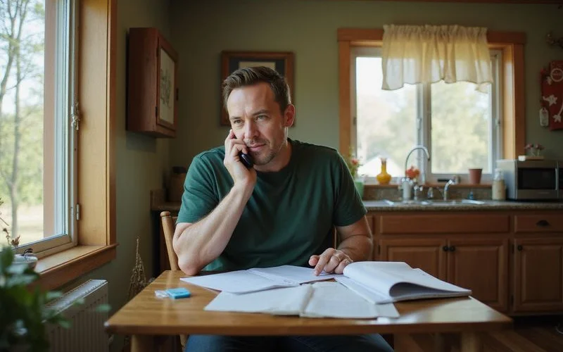 Homeowner on the phone at a desk with papers, soft daylight