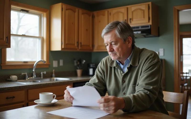 Homeowner reading mail at a kitchen island in winter light