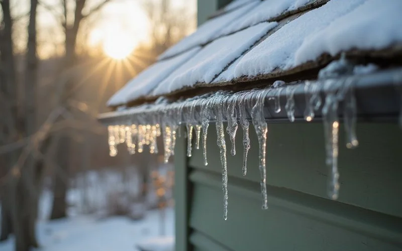 Icicles along a gutter edge of an older roof in soft winter light
