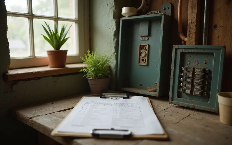 Inspector's clipboard on a basement workbench beside an old fuse panel