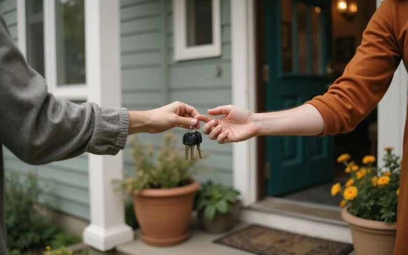 Keys handed over on a townhome front step in spring